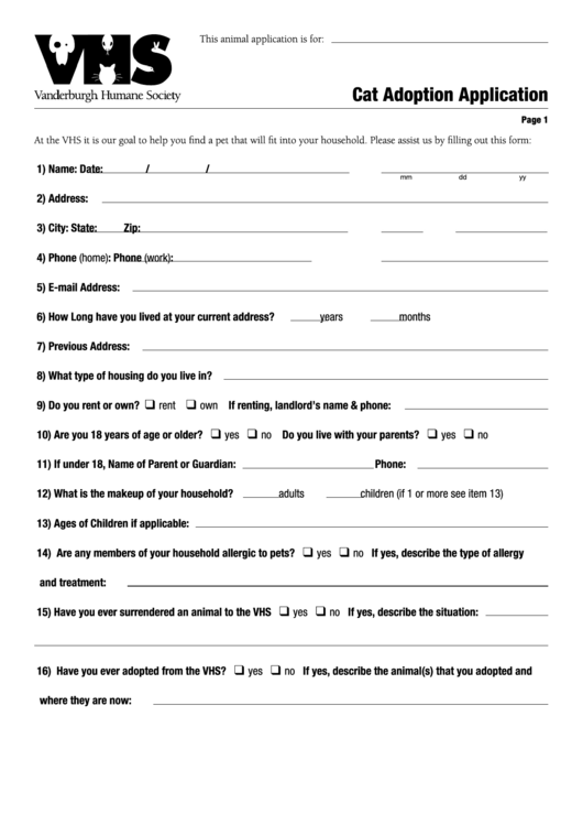 Cat Adoption Application Printable Pdf Download