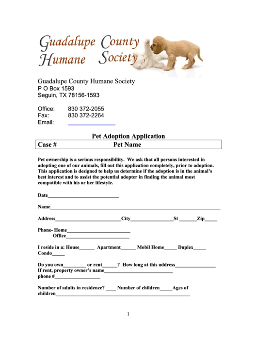 Pet Adoption Application Printable pdf