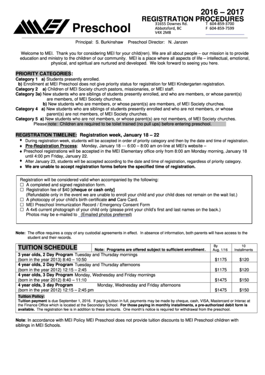 Preschool Registration Form Printable pdf