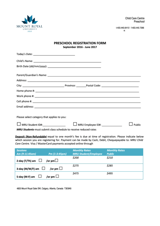 Fillable Preschool Registration Form Printable pdf