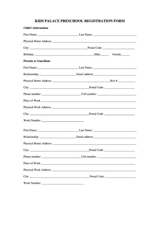 Preschool Registration Form Printable pdf