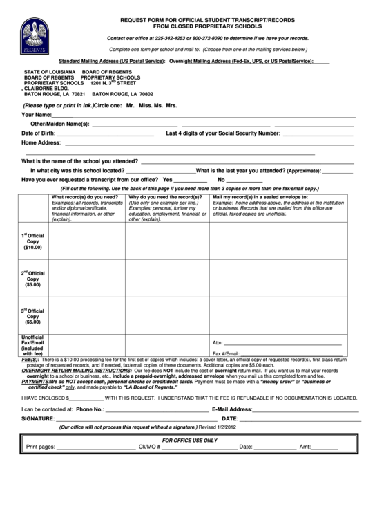Request Form For Official Student Transcript/records From Closed Proprietary Schools Printable pdf