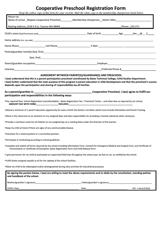 Cooperative Preschool Registration Form Printable pdf