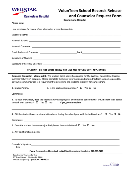Records Release And Counselor Request Form Printable pdf