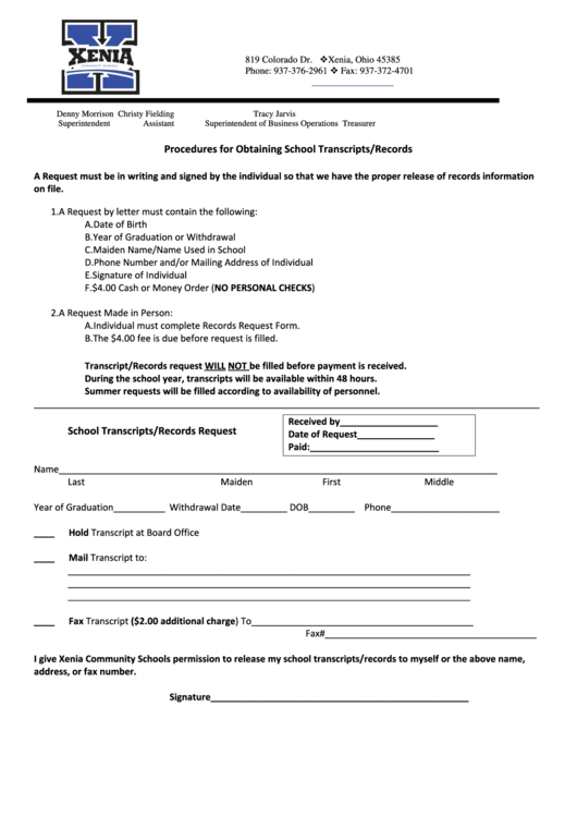 School Transcripts/records Request Printable pdf