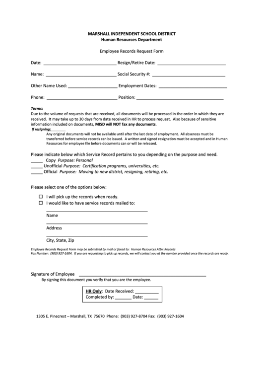 Employee Records Request Form Printable pdf