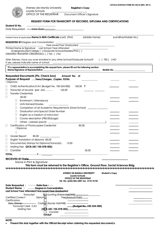 Request Form For Transcript Of Records, Diploma And Certifications Printable pdf