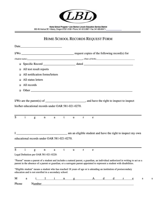 Fillable Home School Records Request Form Printable pdf