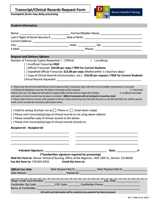 Transcript/clinical Records Request Form Printable pdf