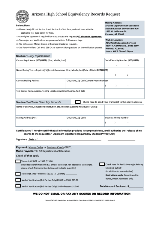 School Equivalency Records Request Printable pdf