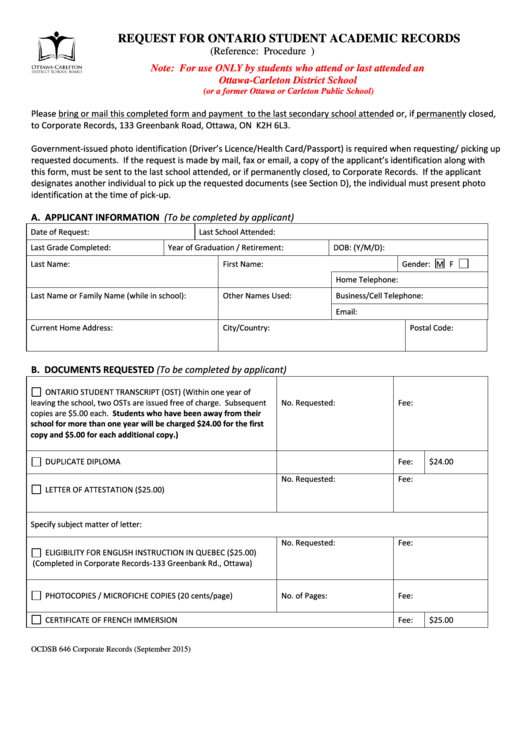Request For Student Academic Records Printable pdf