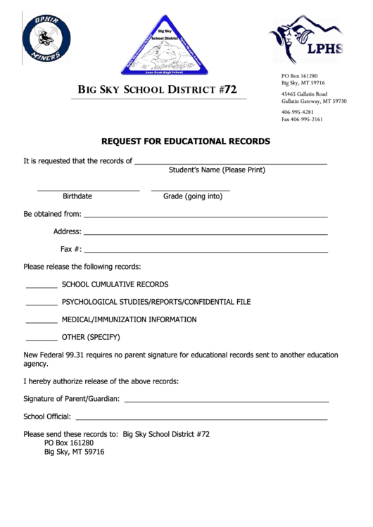 Request For Educational Records Printable pdf