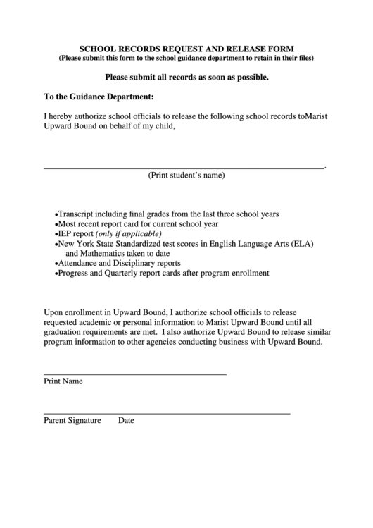 School Records Request And Release Form Printable pdf