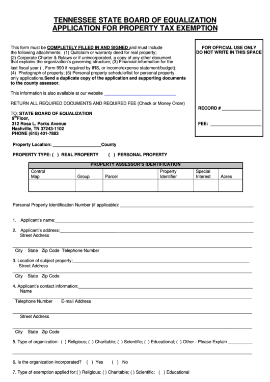 Application Form For Property Tax Exemption - Tennessee State Board Of Equalization Printable pdf