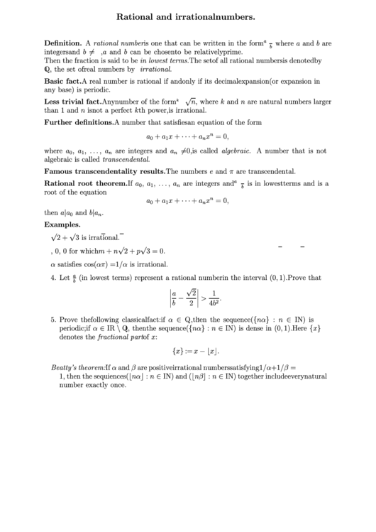 Rational And Irrational Numbers Printable pdf