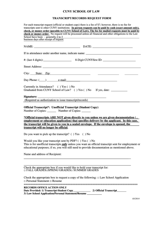 Transcript Records Request Form Printable pdf