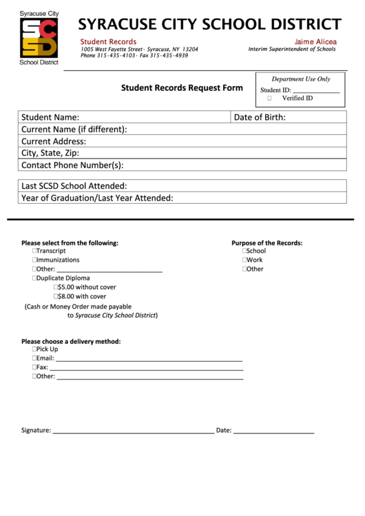 Students Records Request Form printable pdf download