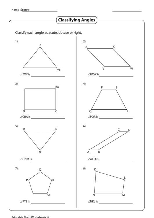 Classifying Angles Worksheet Printable pdf