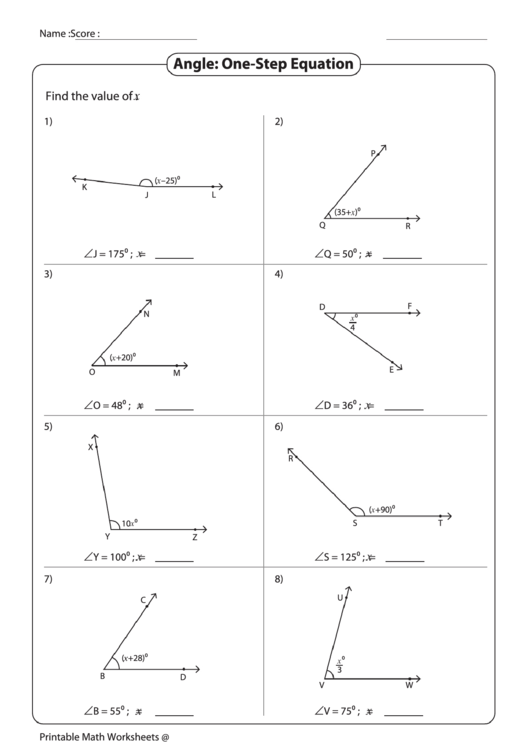 Angle: One-Step Equation Worksheet Printable pdf