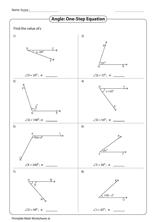 Angle: One-Step Equation Worksheet Printable pdf