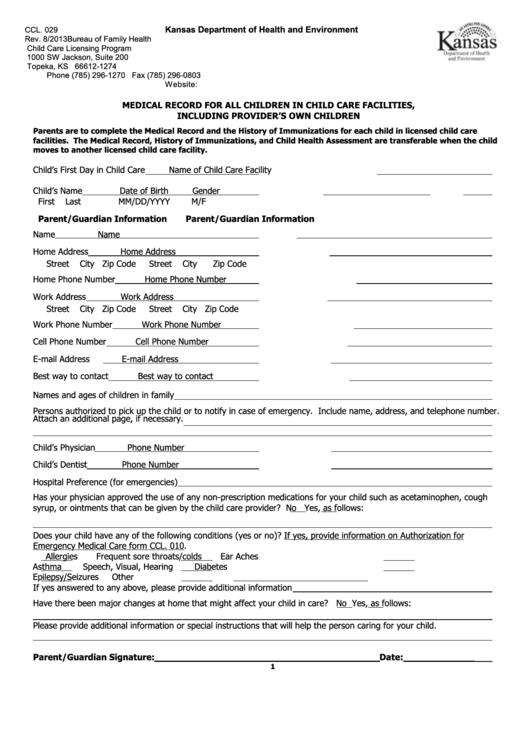Form Ccl. 029 - Medical Record For All Children In Child Care Facilities, Including Provider's Own Children