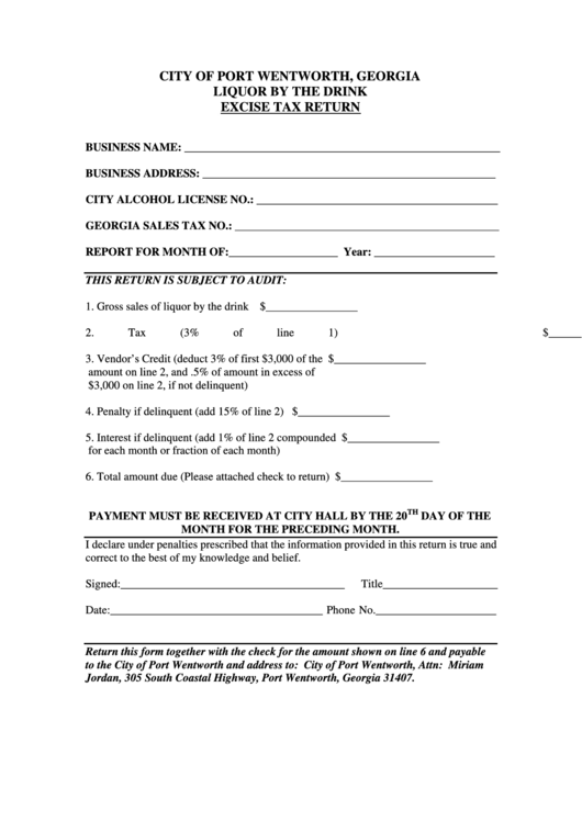 Liquor By The Drink Excise Tax Return Form - City Of Port Wentworth Printable pdf