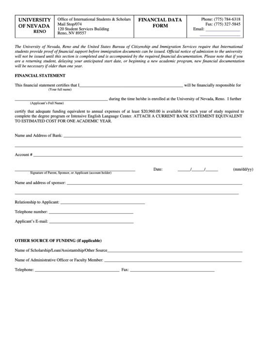 University Of Nevada Reno - Financial Data Form Printable pdf