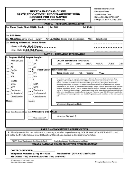 Nvmd Form 37w - State Educational Encouragement Fund Request For Fee Waiver Printable pdf