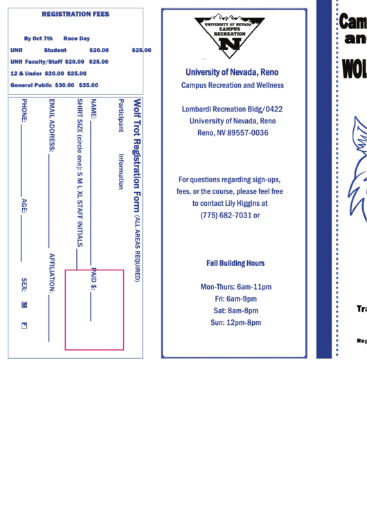 University Of Nevada, Reno Wolf Trot Registration Form Printable pdf