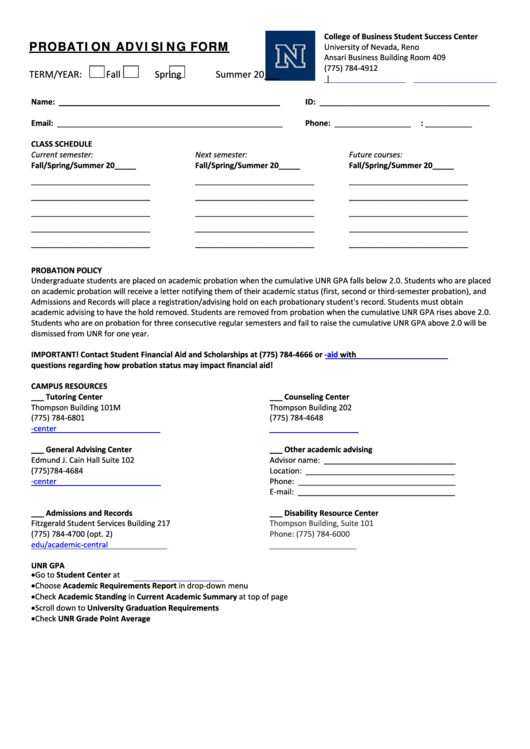 Probation Advising Form - University Of Nevada, Reno Printable pdf