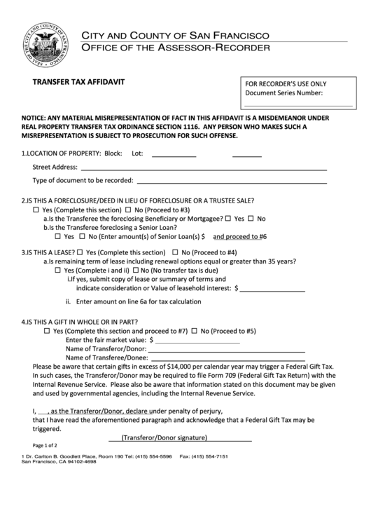 Transfer Tax Affidavit Printable pdf