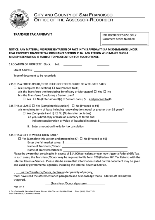 Transfer Tax Affidavit Printable Pdf Download