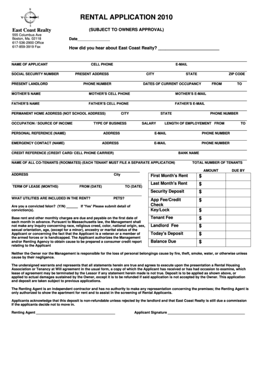 2010 Rental Application Worksheet Template Printable pdf