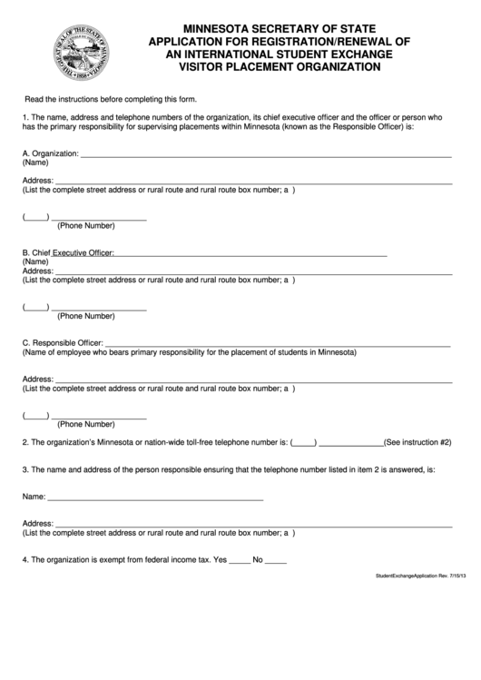 Application For Registration/renewal Of An International Student Exchange Visitor Placement Organization - Minnesota Secretary Of State, Statement Of Compliance International Student Exchange Organization Act - Minnesota Secretary Of State Printable pdf