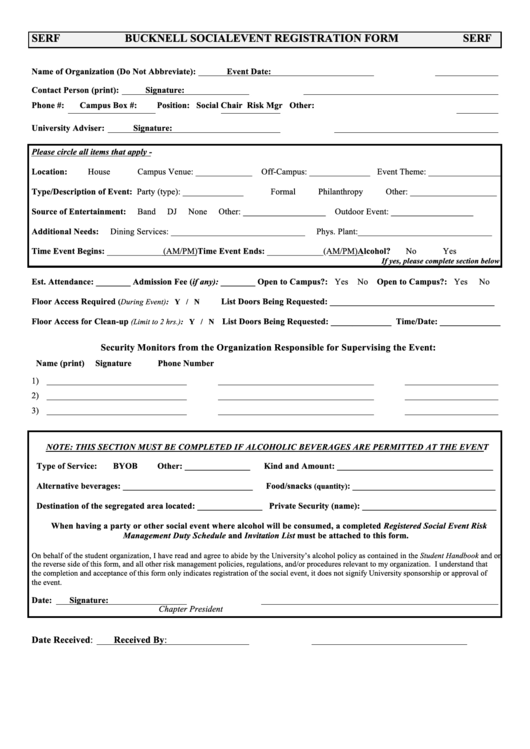 Bucknell Social Event Registration Form Printable pdf