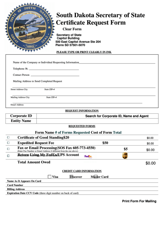 South Dakota Secretary Of State - Certificate Request Form Printable pdf