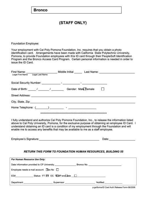 Bronco I.d. Card Authorization Release Form