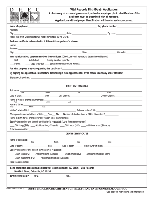 Fillable Form Dhec 0640 - Vital Records Birth/death Application Printable pdf