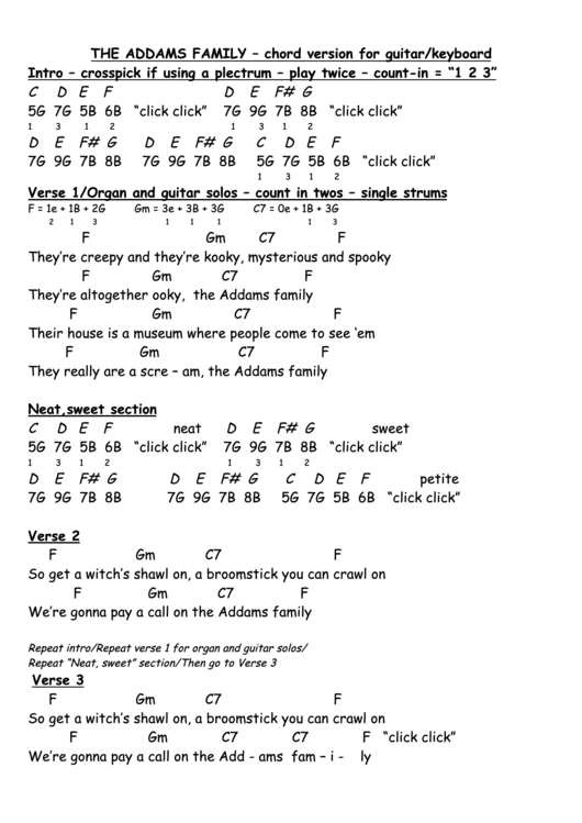 The Addams Family - Chord Version For Guitar/keyboard Printable pdf