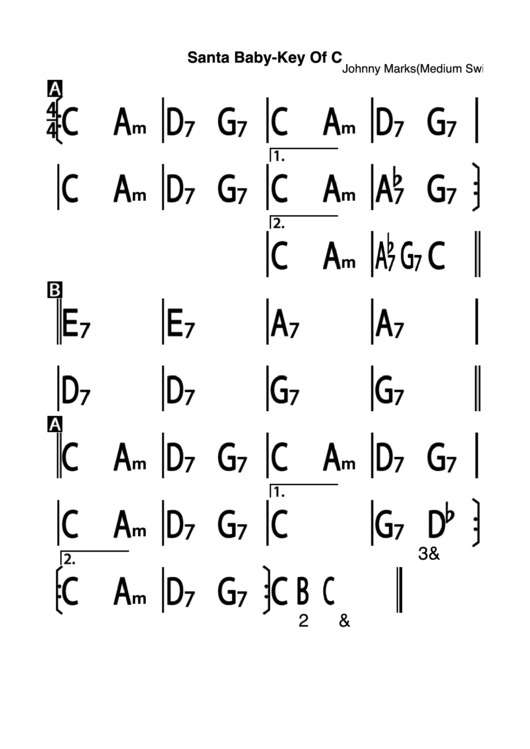 Santa Baby - Key Of C - Chord Chart Printable pdf
