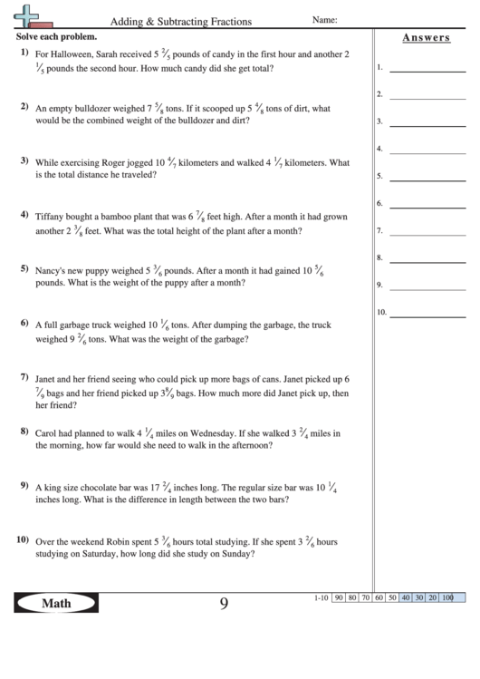 Adding And Subtracting Fractions Worksheet With Answer Key Printable pdf