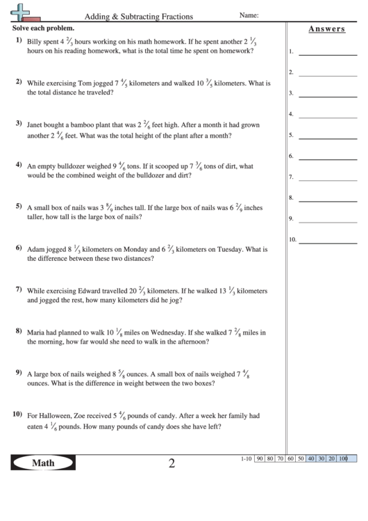 adding and subtracting fractions worksheet with answer key printable