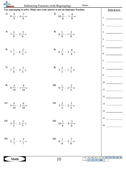 Subtracting Fractions With Regrouping Worksheet With Answer Key Printable Pdf Download