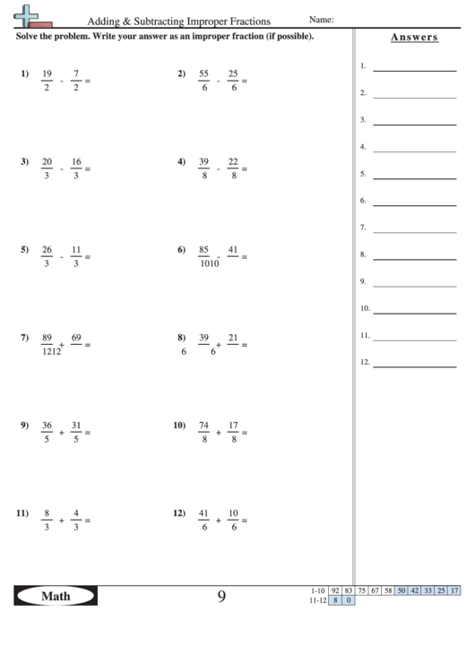 Adding And Subtracting Improper Fractions Worksheet With Answer Key Printable pdf