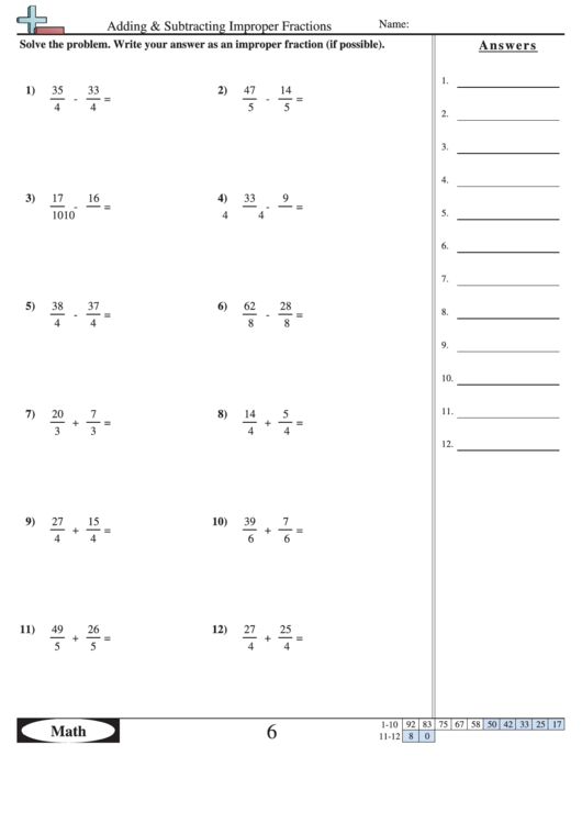 Adding And Subtracting Improper Fractions Worksheet With Answer Key ...