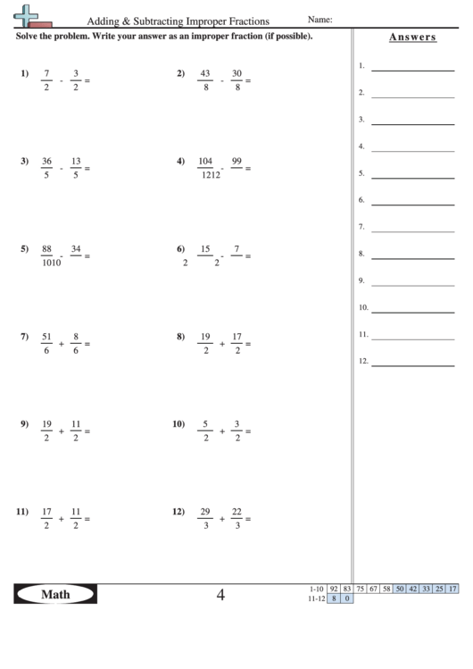 Adding And Subtracting Improper Fractions Worksheet With Answer Key Printable pdf