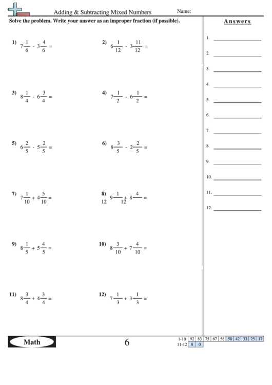 Subtracting Mixed Numbers Worksheet Answers