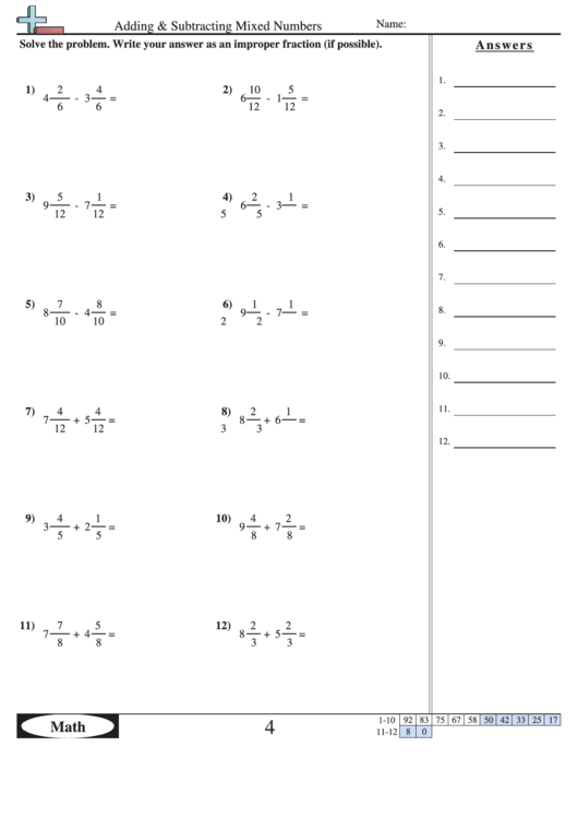Adding And Subtracting Mixed Numbers Worksheet With Answer Key Printable pdf