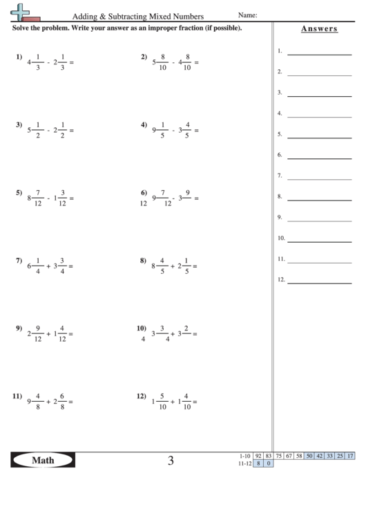 adding and subtracting mixed numbers worksheet with answer key