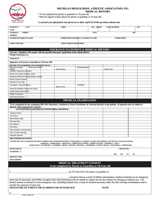 Michigan High School Athletic Association Medical History, Student And Parent Or Guardian Consent Form Printable pdf